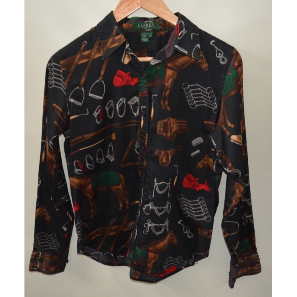 Lauren Ralph Lauren Women's Med Black Equestrian Cotton Shirt – Used – 19x23